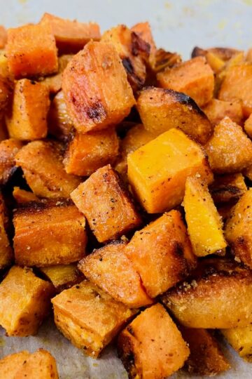 close up of roasted sweet potatoes