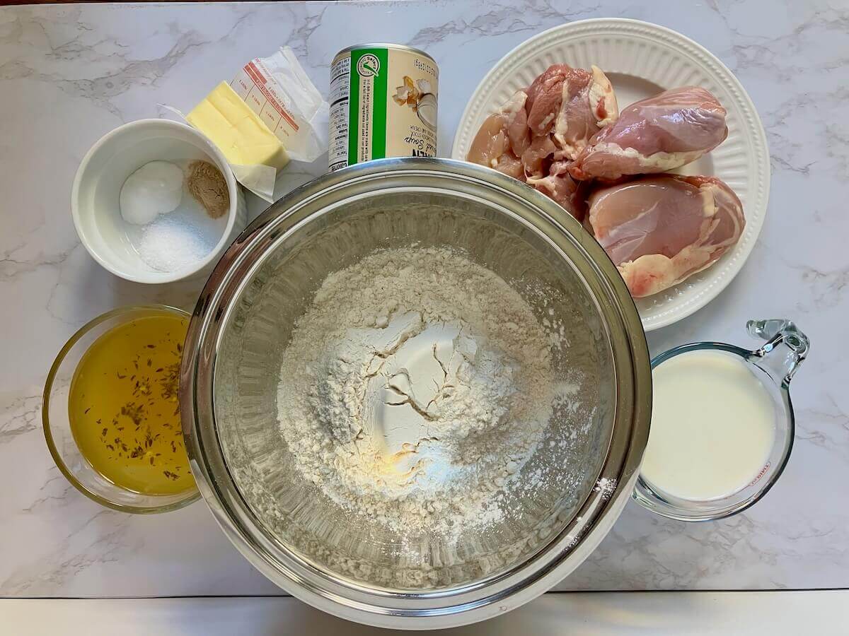 ingredients for chicken and dumplings on a white background